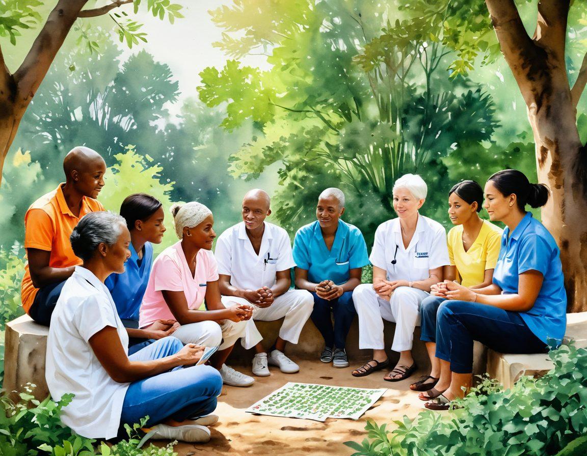 A serene scene depicting a diverse group of cancer patients seated in a supportive circle, surrounded by lush greenery and sunlight filtering through the trees. Each individual holds a symbol of financial support, like coins or a calculator, illustrating empowerment through health financing. Soft expressions of hope and determination grace their faces. The background shows a financial wellness chart subtly integrated into the nature setting. watercolor painting. vibrant colors. soothing atmosphere.