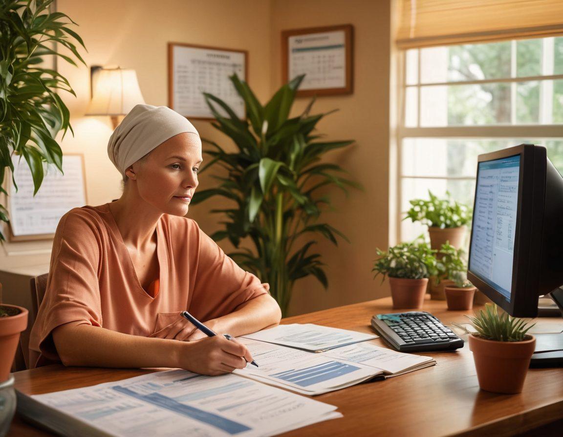 A serene scene depicting a cancer patient sitting at a desk with financial documents, surrounded by potted plants symbolizing growth and healing. In the background, a computer screen displaying mortgage options and health financing charts, with soft light illuminating the room. The atmosphere conveys hope and empowerment. super-realistic. warm colors. soft lighting.
