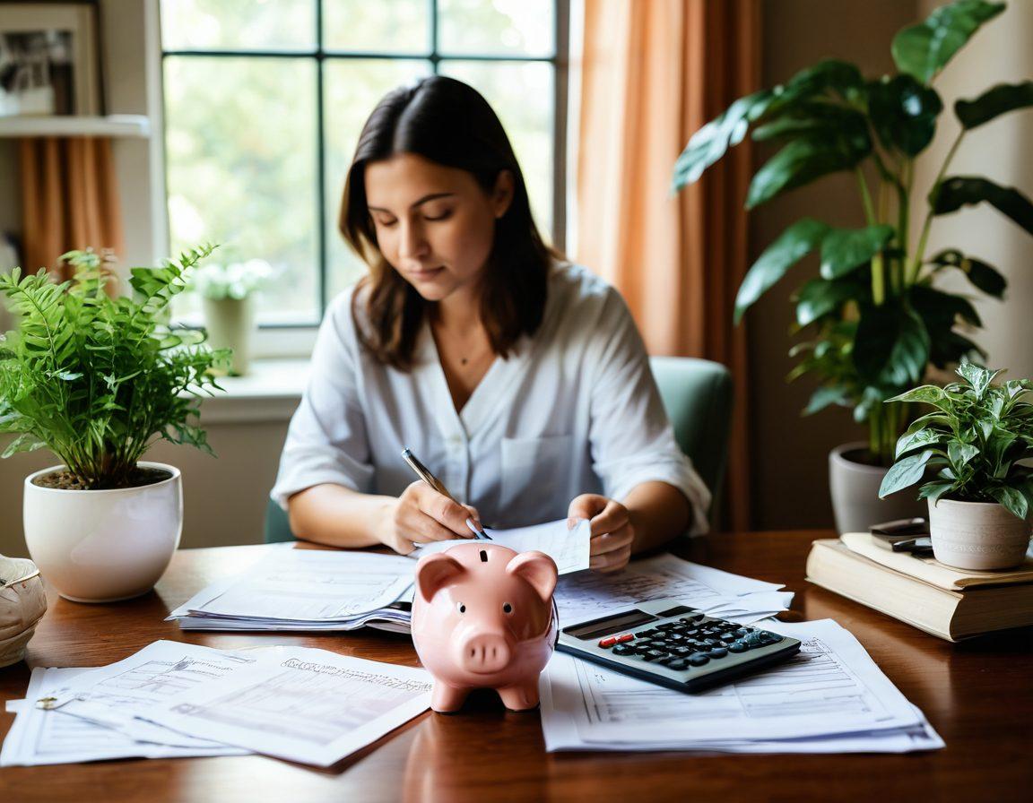 A serene and hopeful scene depicting a person reviewing a financial plan while sitting in a comfortable living room, surrounded by medical records and a calculator. In one hand, they hold a small piggy bank symbolizing savings, with a supportive family member by their side, showing collaboration in financial planning. The background features calming colors with plants, a window with sunlight streaming in, and motivational quotes on the wall about resilience and hope. soft focus. warm colors. cozy atmosphere.